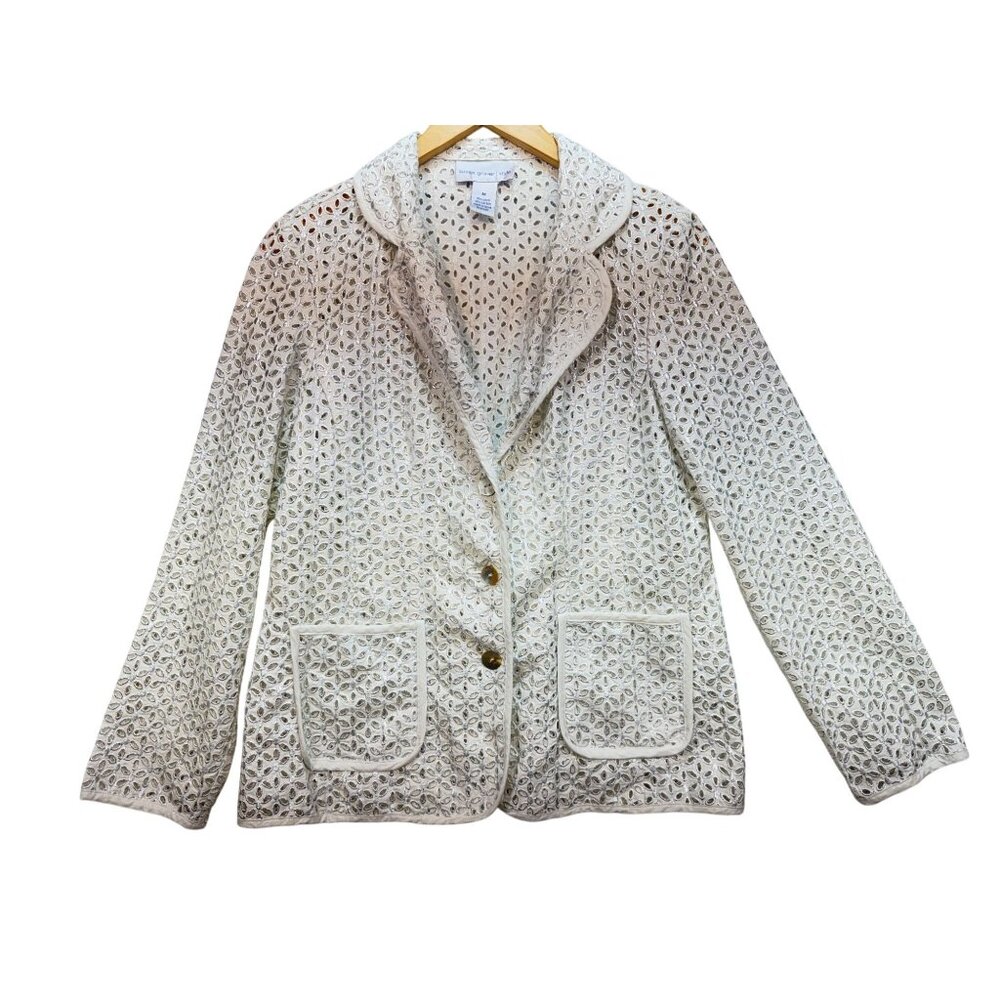 Susan Graver Style Womens Eyelet 3-Button Blazer Jacket Sze M White Boho Summer